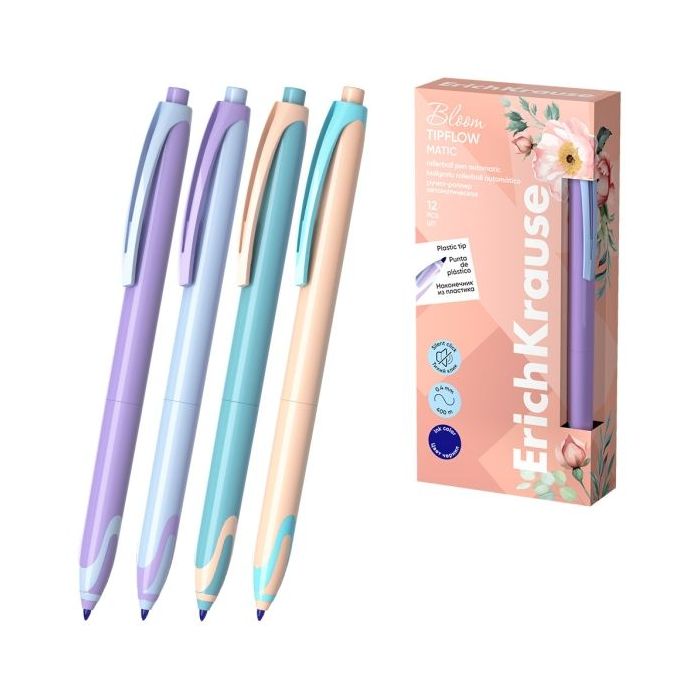 Erichkrause Bloom TipFlow Matic Pastel Boligrafo Retractil - Punta de Bola 0.5mm - Trazo de 0.4mm - Tinta Azul - Cuerpo en Colores Pastel