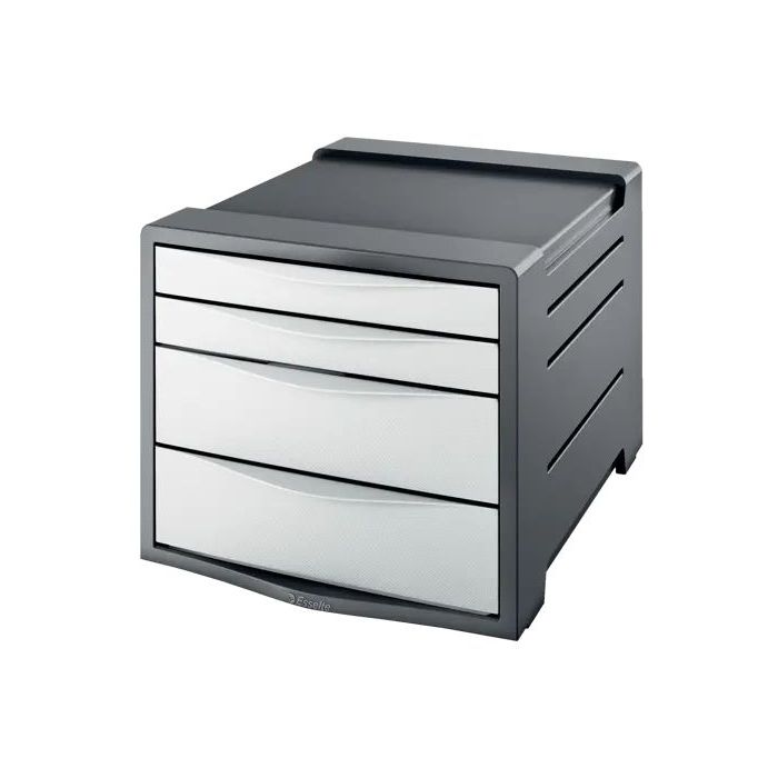 Esselte Europost Vivida Buc de 4 Cajones - 2 Medidas de Cajon - Deslizamiento Suave - Base con Goma Antideslizante - Color Gris/Blanco