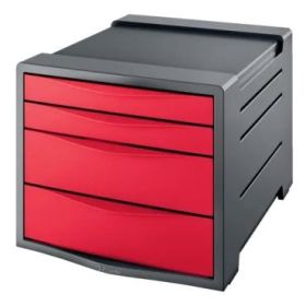 Esselte Europost Vivida Buc de 4 Cajones - 2 Medidas de Cajon - Deslizamiento Suave - Base con Goma Antideslizante - Color Gris/Rojo