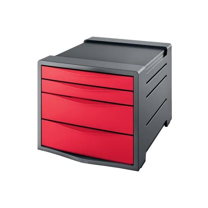 Esselte Europost Vivida Buc de 4 Cajones - 2 Medidas de Cajon - Deslizamiento Suave - Base con Goma Antideslizante - Color Gris/Rojo