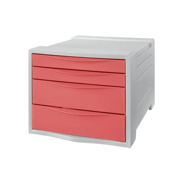 Esselte Colour'Breeze Buc de 4 Cajones - 2 Medidas de Cajon - Deslizamiento Suave - Base con Goma Antideslizante - Color Gris/Coral