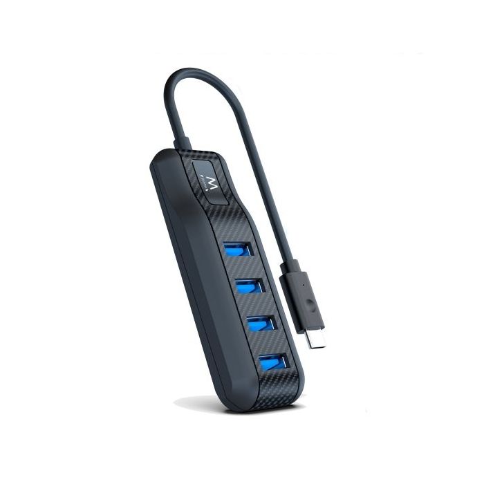 Ewent Hub USB-C 4 en 1 - 4x USB-A Hembra - Indicador LED - Cable de 30cm - Color Negro