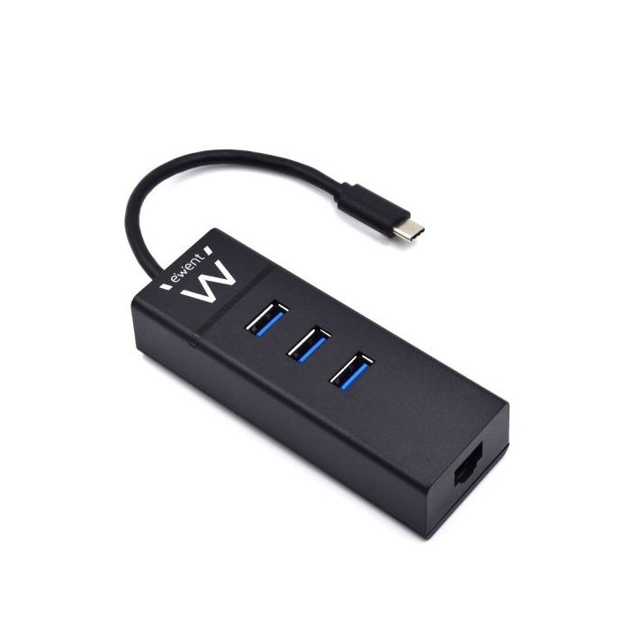 Ewent Hub USB-C 4 en 1 - 3x USB-A - 1x RJ45 - hasta 1000Mbps - Cable de 15cm - Color Negro