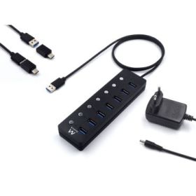 Ewent Hub USB 7 en 1 - Alimentacion Externa - Interruptores Individuales - Incluye Adaptador USB-C - Cable de 1.2m - Color Negro