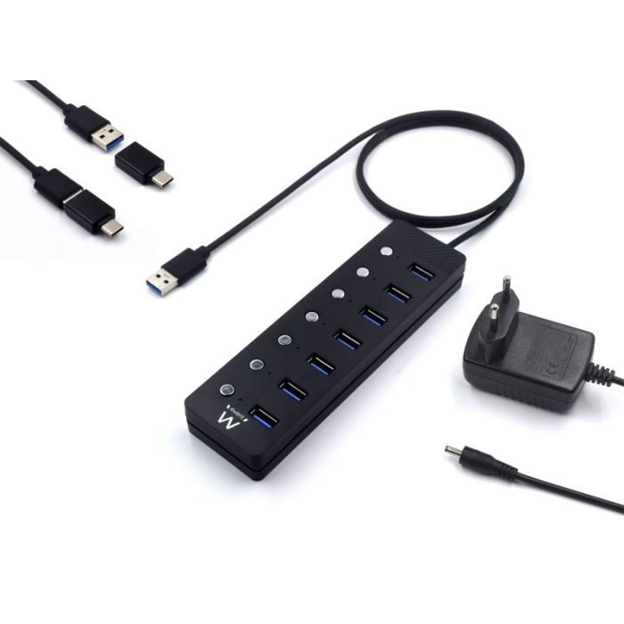 Ewent Hub USB 7 en 1 - Alimentacion Externa - Interruptores Individuales - Incluye Adaptador USB-C - Cable de 1.2m - Color Negro