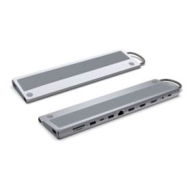Ewent USB-C Dock 12 en 1 - 1x USB-C, 3x USB 3.2 Gen1, 2x HDMI 4K/60Hz, 1x DisplayPort 4K/60Hz, SD/TF 2.0, Audio, RJ45 Gb, 1x USB-C PD 100W - Color Plata
