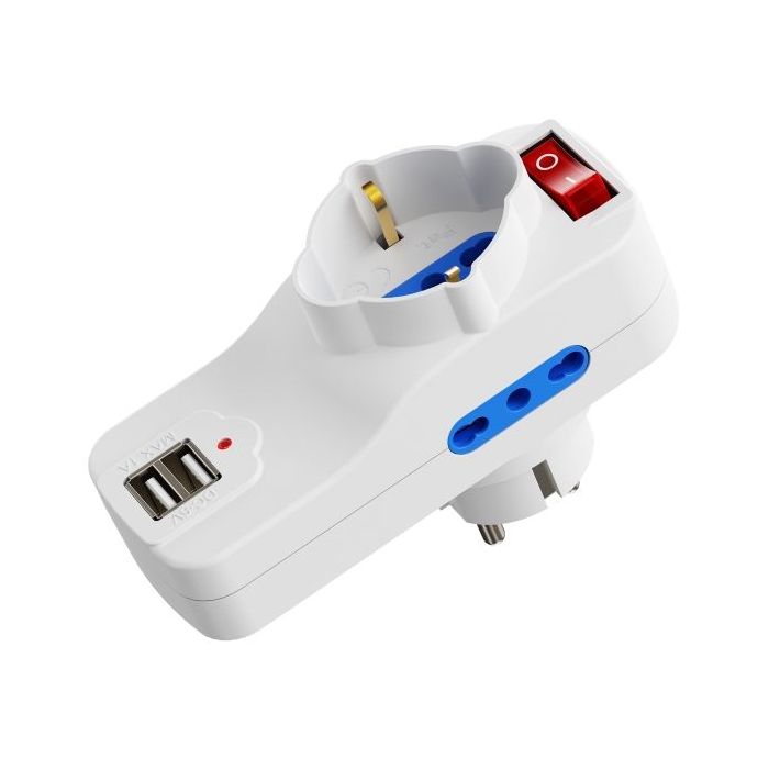 Ewent Regleta de 3 Tomas de Pared - 3x Tomas Italianas Tipo L/ Schuko de 10/16A - 2 Tomas L + 1 Toma L/F (Schuko) - 2x USB-A - Interruptor On/Off - Proteccion Infantil - Enchufe Schuko - Color Blanco