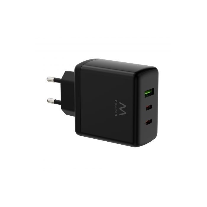 Ewent EW1330 Cargador GaN Universal de Pared 65W Ultrarapido - 2x USB-C PD 3.0 y 1x USB-A QC 3.0 - Color Negro