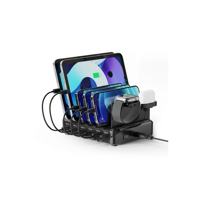 Ewent EW1335 Estacion de Carga - 2x USB-A y 4x USB-C - 130W PD3.0 - 7 Divisores Extraibles - Proteccion contra sobrecarga, sobretension, sobrecorriente y cortocircuito - Color Negro