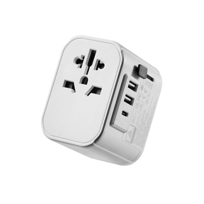 Ewent Adaptador de Viaje Universal - Conexiones para Europa (Schuko), USA, UK, Australia, China - 2xUSB-A - 1xUSB-C - Color Plata