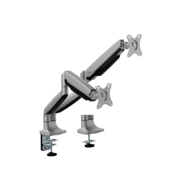Ewent Soporte de Mesa con Doble Brazo Articulado para Monitores hasta 35" - Giratorio e Inclinable - Gestion de Cables - Peso Maximo de 15kg por Monitor - VESA 100x100 - 134x625x663mm - Color Plata