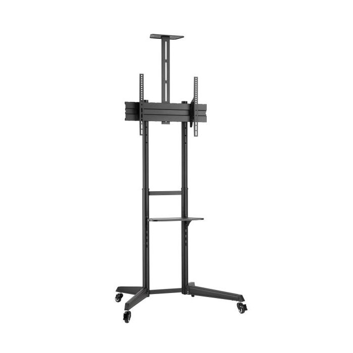 Ewent Soporte de Suelo para TV hasta 70" - Bandeja Auxiliar - Altura Ajustable - Gestion de Cables - VESA Maximo 600x400 - Peso Maximo 50kg - Ruedas con Bloqueo - 871x678x1966mm - Color Negro
