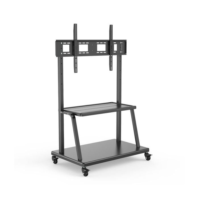 Ewent Soporte de Suelo para TV hasta 120" - Bandeja Auxiliar - Altura Ajustable - VESA Maximo 1000x600 - Peso Maximo 120kg - Ruedas con Bloqueo - 1140x735x1840mm - Color Negro