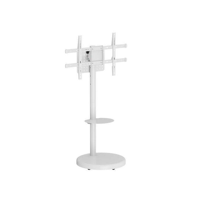Ewent Soporte de Suelo para TV hasta 86" - Bandeja Auxiliar - Altura Ajustable - Gestion de Cables - VESA Maximo 600x400 - Peso Maximo 50kg - Ruedas para Desplazamiento - 500x500x1340mm - Color Blanco
