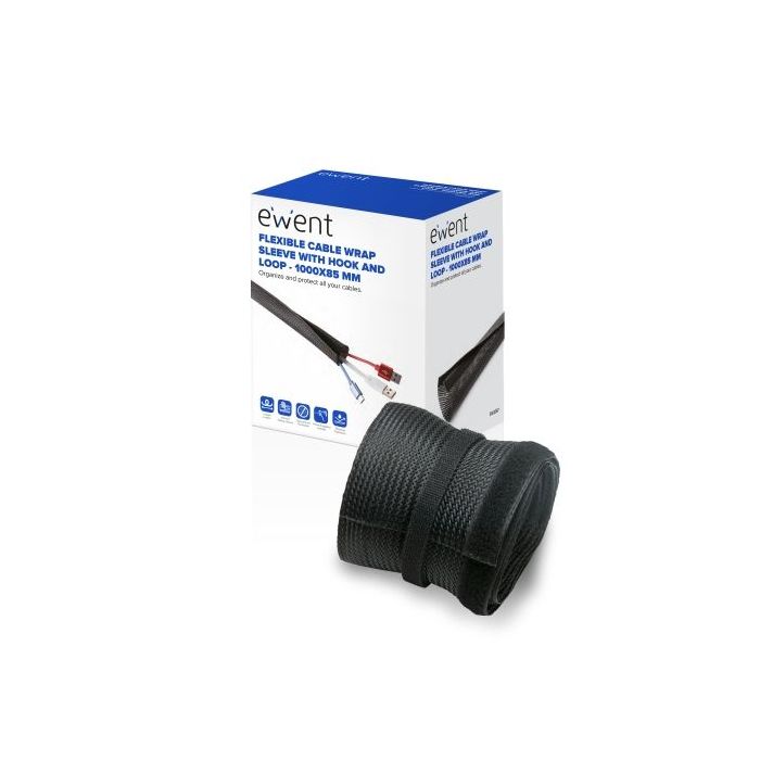 Ewent Manguito Organizador de Cable Polyester - Cierre de Velcro - 1m - 85mm - Color Negro