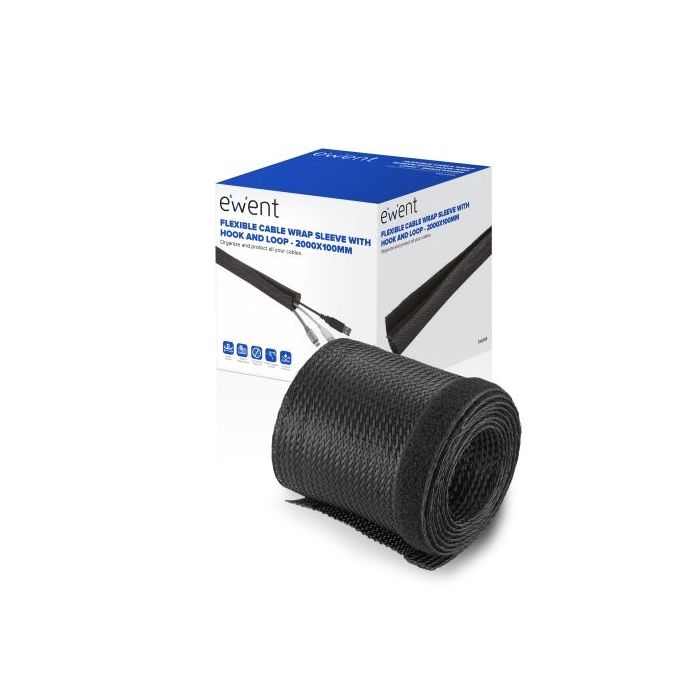 Ewent Manguito Organizador de Cable Polyester - Cierre de Velcro - 2m - 100mm - Color Negro