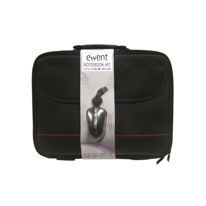 Ewent Maletin para Portatil 15.6” - Incluye Raton Optico USB - Asa de Mano - Correa Ajustable - Poliester - Color Negro/Rojo