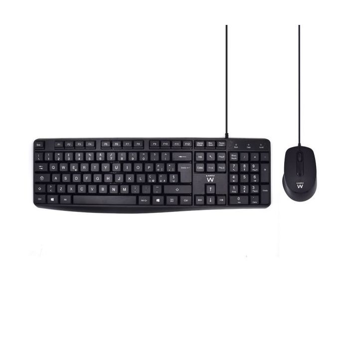 Ewent Pack Teclado + Raton para Oficina - Teclas Silenciosas de Perfil Bajo - 1000dpi - Disposicion Italiana QWERTY IT - Cable de 1.35m - Teclas Silenciosas de Perfil Bajo - Color Negro