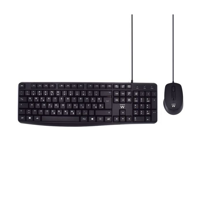 Ewent Pack Teclado + Raton para Oficina - Teclas Silenciosas de Perfil Bajo - 1000dpi - Disposicion Inglesa QWERTY US - Cable de 1.35m - Teclas Silenciosas de Perfil Bajo - Color Negro
