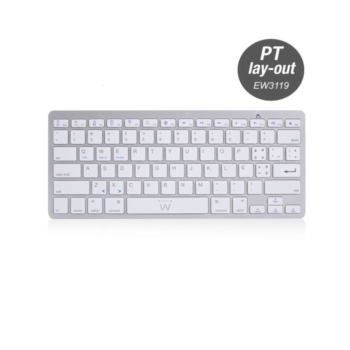 Ewent Teclado de Viaje - Modo Ahorro de Energia - Bluetooth 3.0 - Disposicion Portuguesa QWERTY PT - Alcance hasta 10m - Color Plata/Blanco