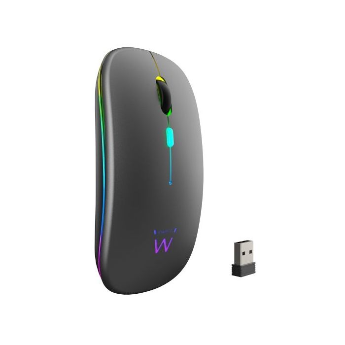 Ewent Raton Inalambrico - Receptor USB-A de 2.4GHz- Bluetooth 5.1 - Recargable - Luces RGB - 4 Botones - Bateria de Litio de 500mAh - Color Negro