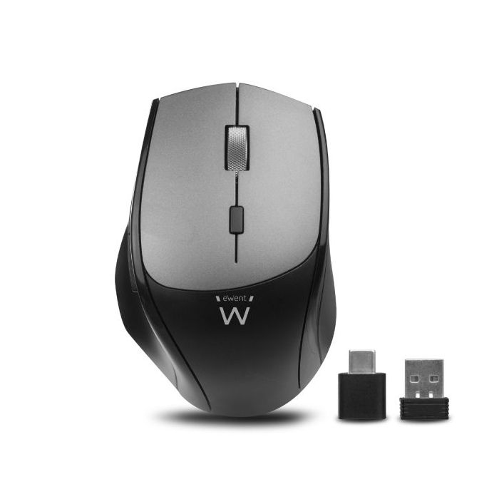 Ewent Raton Inalambrico - 2400dpi - Clic Silencioso - Bluetooth 5.1 - Receptores USB-A y C de 2.4GHz- Plug and Play - Color Negro/Gris