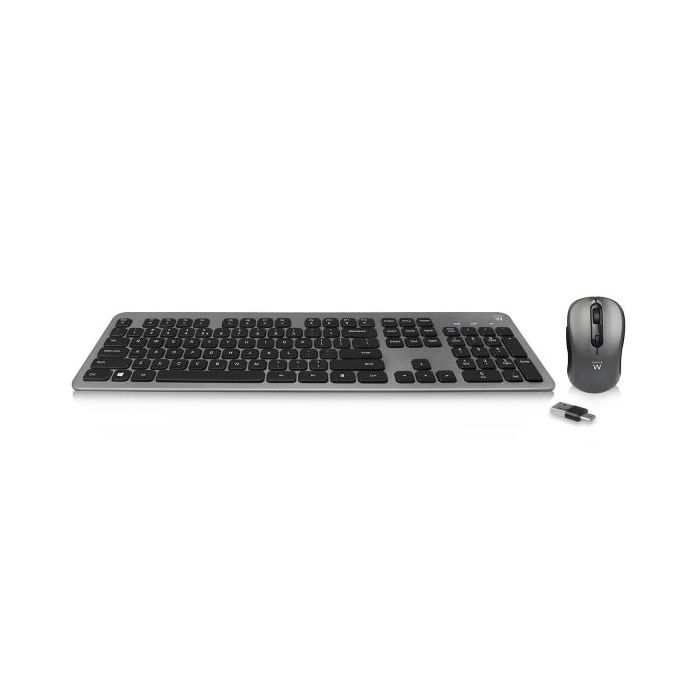 Ewent Pack Teclado + Raton Inalambrico para Oficina - Receptor USB-A 2.4Hz - 1600dpi - Disposicion Inglesa QWERTY US - Incluye Pilas AA/AAA - Teclas Silenciosas de Perfil Bajo - Color Negro/Gris