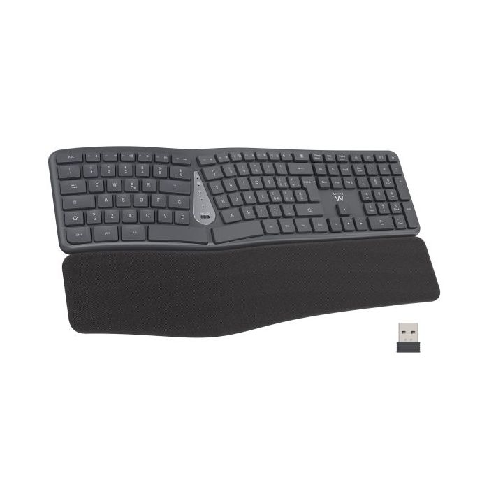 Ewent Teclado Inalambrico - Ergonomico - Bateria de Litio Recargable de 300mAh - Disposicion Portuguesa QWERTY PT - Teclas de Bajo Perfil y Silenciosas - Color Negro