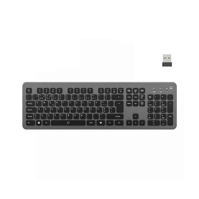 Ewent Teclado Inalambrico - Bateria de Litio Recargable de 300mAh - Disposicion Portuguesa QWERTY PT - Retroiluminacion - Teclas de Bajo Perfil y Silenciosas - Color Negro/Gris