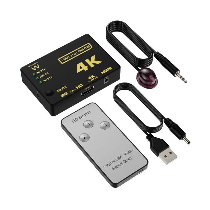 Ewent Switch Conmutador HDMI 3 a 1 - Resolucion 4K - Mando a Distancia - Incluye Cable de Alimentacion e IR - Color Negro