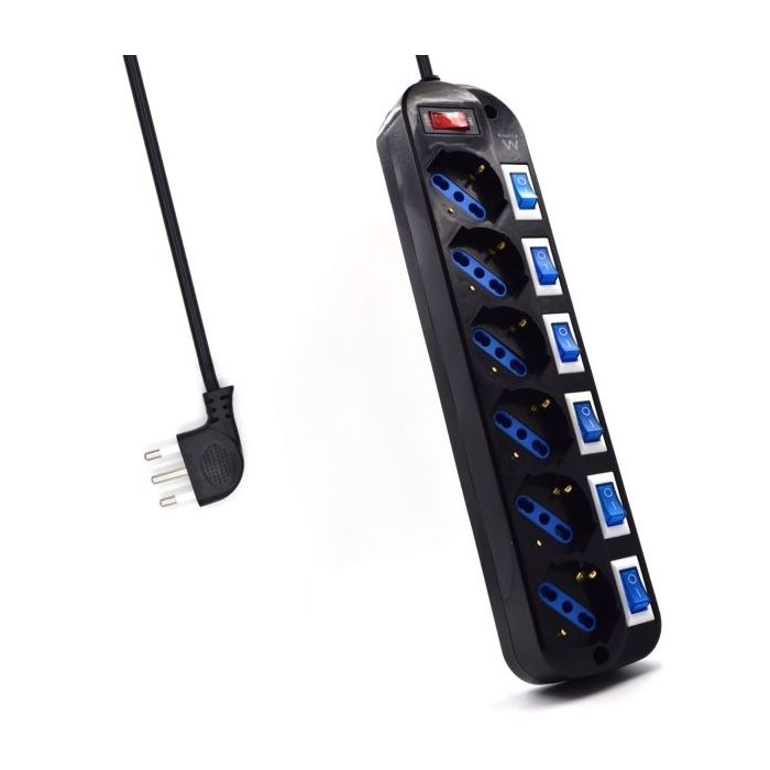 Ewent Regleta con 6 Tomas Tipo L/F (Schuko) de 10/16A - Interruptor On/Off General e Individual - Proteccion contra Sobretensiones - Proteccion Infantil - Enchufe Italiano Plano en Angulo - Cable de 1.5m - Color Negro