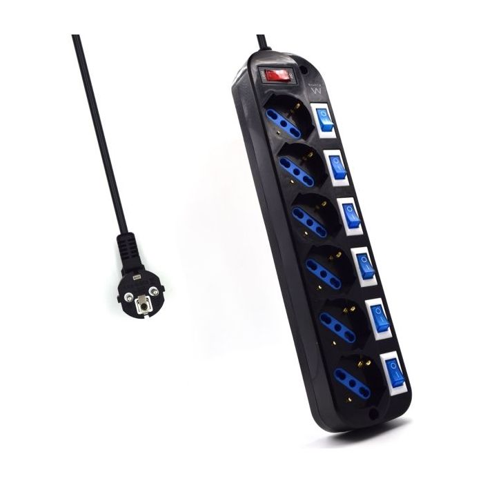 Ewent Regleta de 6 Tomas de Seguridad - 6x Schuko 16A - Proteccion contra Sobretension - Interruptor On/Off General e Individuales - Proteccion Infantil - Cable de 1.5m - Color Negro