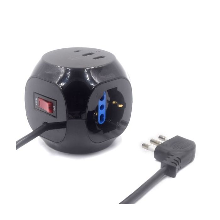Ewent Regleta con 6 Tomas de Sobremesa en Forma de Cubo - 3 Tomas L/F (Schuko) - 2x USB-A - 1x USB-C - Enchufe Italiano Plano en Angulo - Interruptor On/Off - Cable de 1.5m - Color Negro