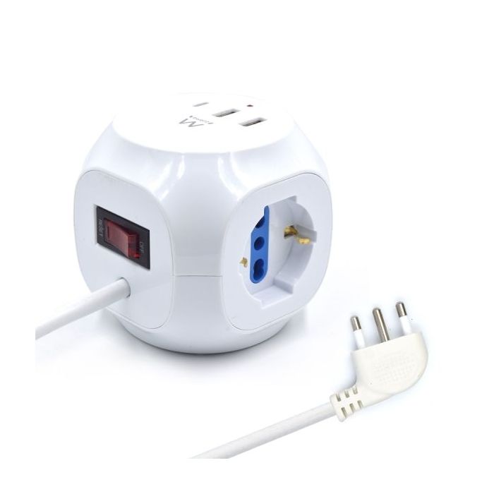 Ewent Regleta con 6 Tomas de Sobremesa en Forma de Cubo - 3 Tomas L/F (Schuko) - 2x USB-A - 1x USB-C - Enchufe Italiano Plano en Angulo - Interruptor On/Off - Cable de 1.5m - Color Blanco