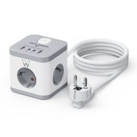 Ewent Regleta con 6 Tomas de Sobremesa - 3x Schuko 16A - 2x USB-A - 2x USB-C - Proteccion Infantil - Interruptor On/Off - Forma de Cubo - Cable de 1.5m - Color Blanco/Gris