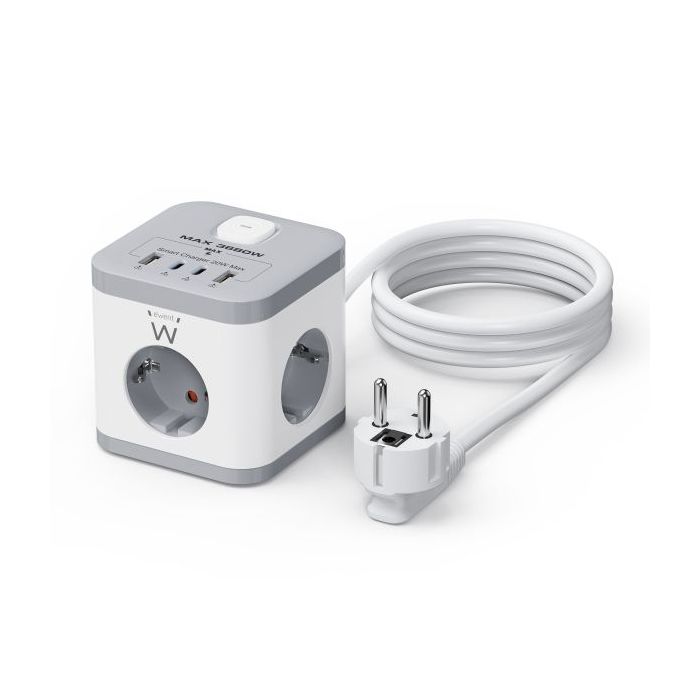 Ewent Regleta con 6 Tomas de Sobremesa - 3x Schuko 16A - 2x USB-A - 2x USB-C - Proteccion Infantil - Interruptor On/Off - Forma de Cubo - Cable de 1.5m - Color Blanco/Gris
