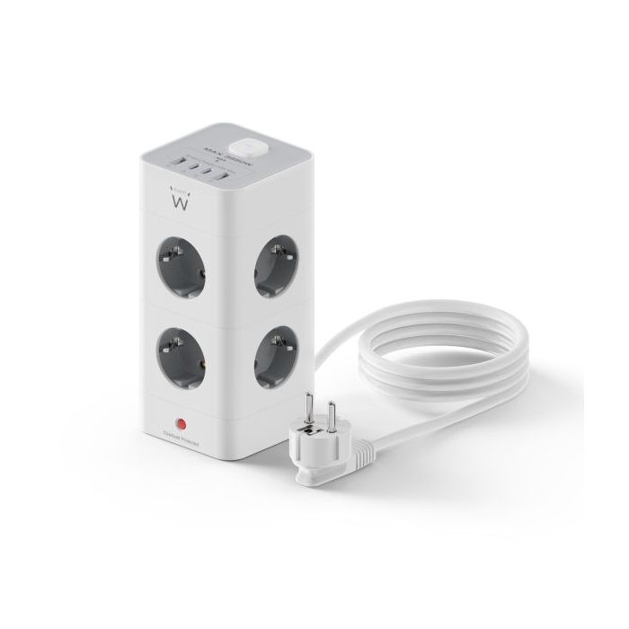 Ewent Regleta con 12 Tomas de Sobremesa - 8x Schuko 16A - 2x USB-A - 2x USB-C - Interruptor On/Off - Proteccion Infantil - Forma de Torre - Cable de 2m - Color Blanco/Gris