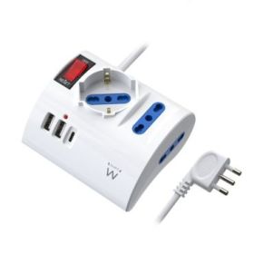 Ewent Regleta con 6 Tomas de Sobremesa - 2 Tomas L + 1 Toma L/F (Schuko) - 2x USB-A - 1x USB-C - Enchufe Italiano Plano en Angulo - Interruptor On/Off - Cable de 1.5m - Color Blanco