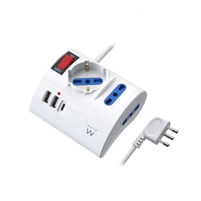 Ewent Regleta con 6 Tomas de Sobremesa - 2 Tomas L + 1 Toma L/F (Schuko) - 2x USB-A - 1x USB-C - Enchufe Italiano Plano en Angulo - Interruptor On/Off - Cable de 1.5m - Color Blanco