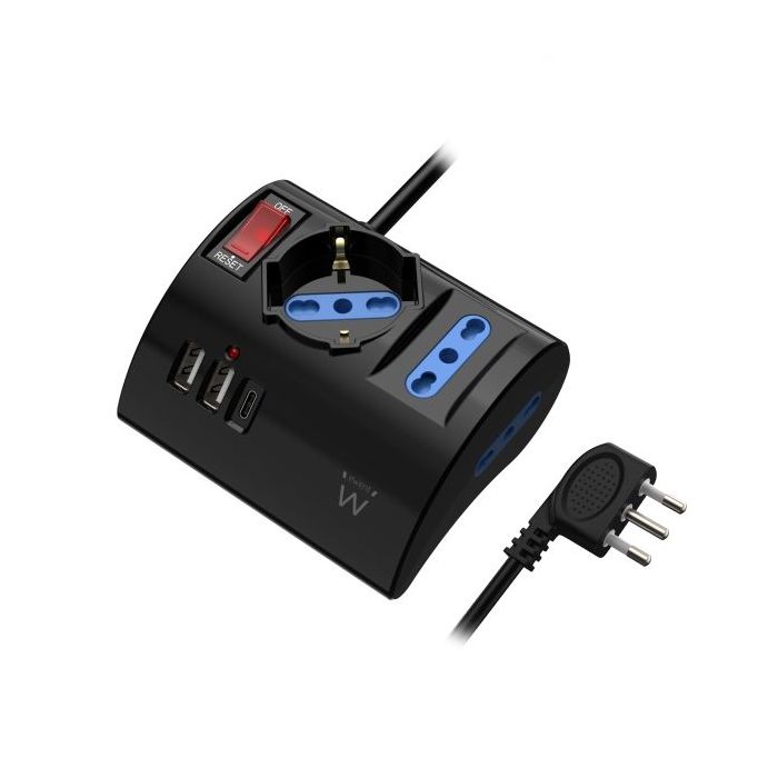 Ewent Regleta con 6 Tomas de Sobremesa - 2 Tomas L + 1 Toma L/F (Schuko) - 2x USB-A - 1x USB-C - Enchufe Italiano Plano en Angulo - Interruptor On/Off - Cable de 1.5m - Color Negro