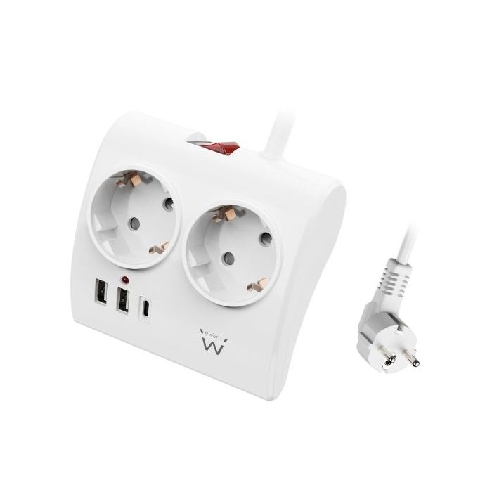 Ewent Regleta de 5 Tomas de Sobremesa - 2x Schuko 16A - 2x USB-A - 1x USB-C - Interruptor On/Off - Cable de 1.5m - Color Blanco