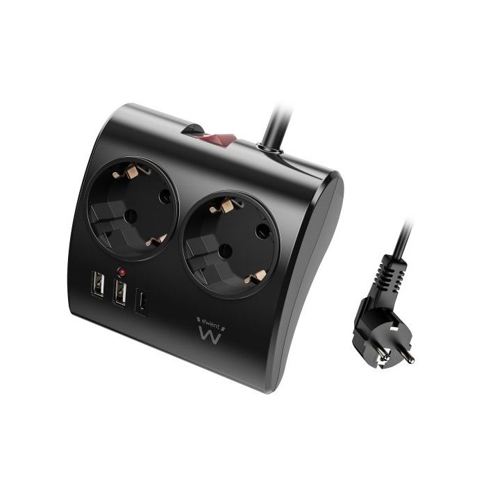 Ewent Regleta de 5 Tomas de Sobremesa - 2x Schuko 16A - 2x USB-A - 1x USB-C - Interruptor On/Off - Cable de 1.5m - Color Negro