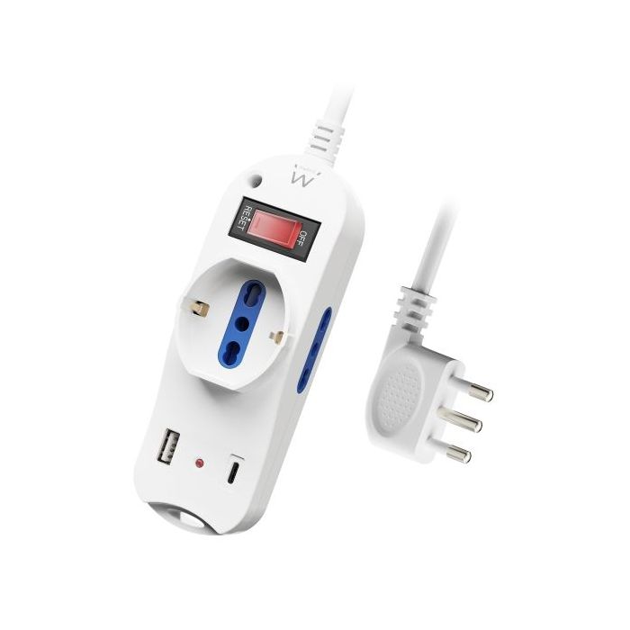Ewent Regleta con 6 Tomas - 2 Tomas L + 1 Toma L/F (Schuko) - 1x USB-A - 1x USB-C - Enchufe Italiano Plano en Angulo - Interruptor On/Off - Cable de 1.5m - Color Blanco
