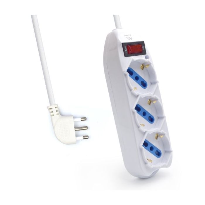 Ewent Regleta con 3 Tomas Tipo L/F (Schuko) de 10/16A - Interruptor On/Off - Enchufe Italiano Plano en Angulo - Cable de 1.5m - Color Blanco