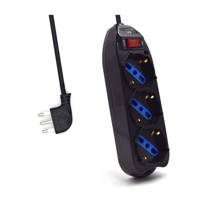 Ewent Regleta con 3 Tomas Tipo L/F (Schuko) de 10/16A - Interruptor On/Off - Enchufe Italiano Plano en Angulo - Cable de 1.5m - Color Negro