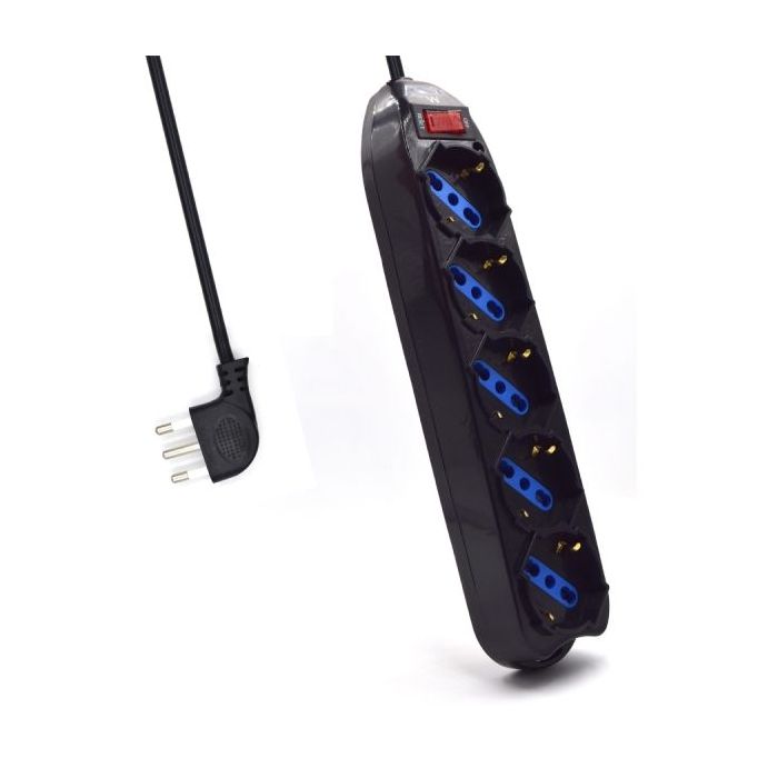 Ewent Regleta con 5 Tomas Tipo L/F (Schuko) de 10/16A - Interruptor On/Off - Enchufe Italiano Plano en Angulo - Cable de 1.5m - Color Negro