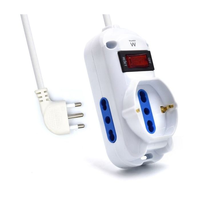 Ewent Regleta con 3 Tomas - 2 Tomas L + 1 Toma L/F (Schuko) - Interruptor On/Off - Enchufe Italiano Plano en Angulo - Cable de 1.5m - Color Blanco