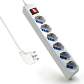 Ewent Regleta con 6 Tomas Tipo L/F (Schuko) de 10/16A - Proteccion contra Sobretensiones - Proteccion Infantil - Enchufe Italiano Plano en Angulo - Interruptor On/Off - Cable de 1.5m - Color Blanco