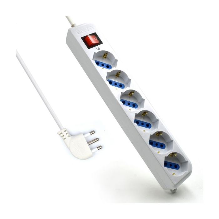 Ewent Regleta con 6 Tomas Tipo L/F (Schuko) de 10/16A - Proteccion contra Sobretensiones - Proteccion Infantil - Enchufe Italiano Plano en Angulo - Interruptor On/Off - Cable de 1.5m - Color Blanco