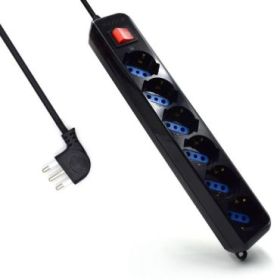 Ewent Regleta con 6 Tomas Tipo L/F (Schuko) de 10/16A - Interruptor On/Off - Proteccion contra Sobretensiones - Proteccion Infantil - Enchufe Italiano Plano en Angulo - Cable de 1.5m - Color Negro